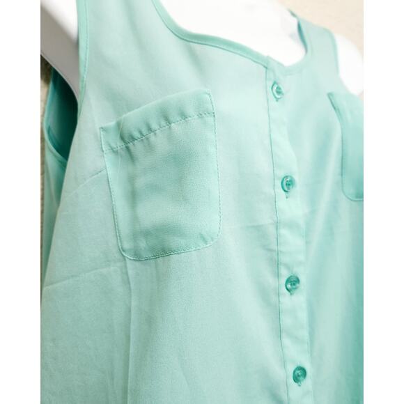 Mine Teal Sleeveless Button Up Top Small Lightweight Sheer Hem Breast Pockets - Picture 2 of 6